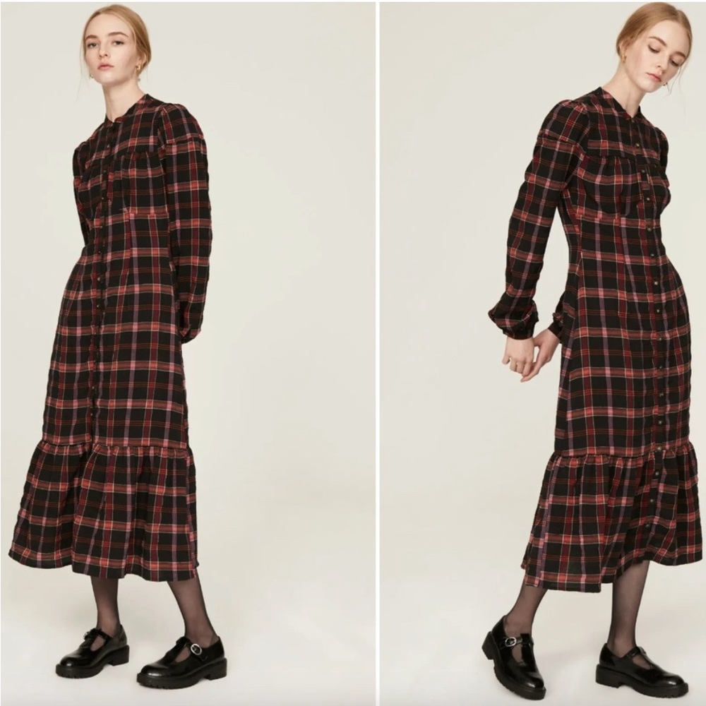 Pamela Love x RTR Maroon Purple Plaid Button Front Midi Shirtdress- L
